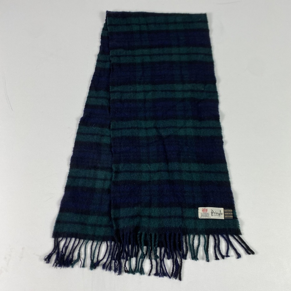 Vintage Pringle Of Scotland Scarf Womens One Size Green Cashmere‎ Plaid Fringe